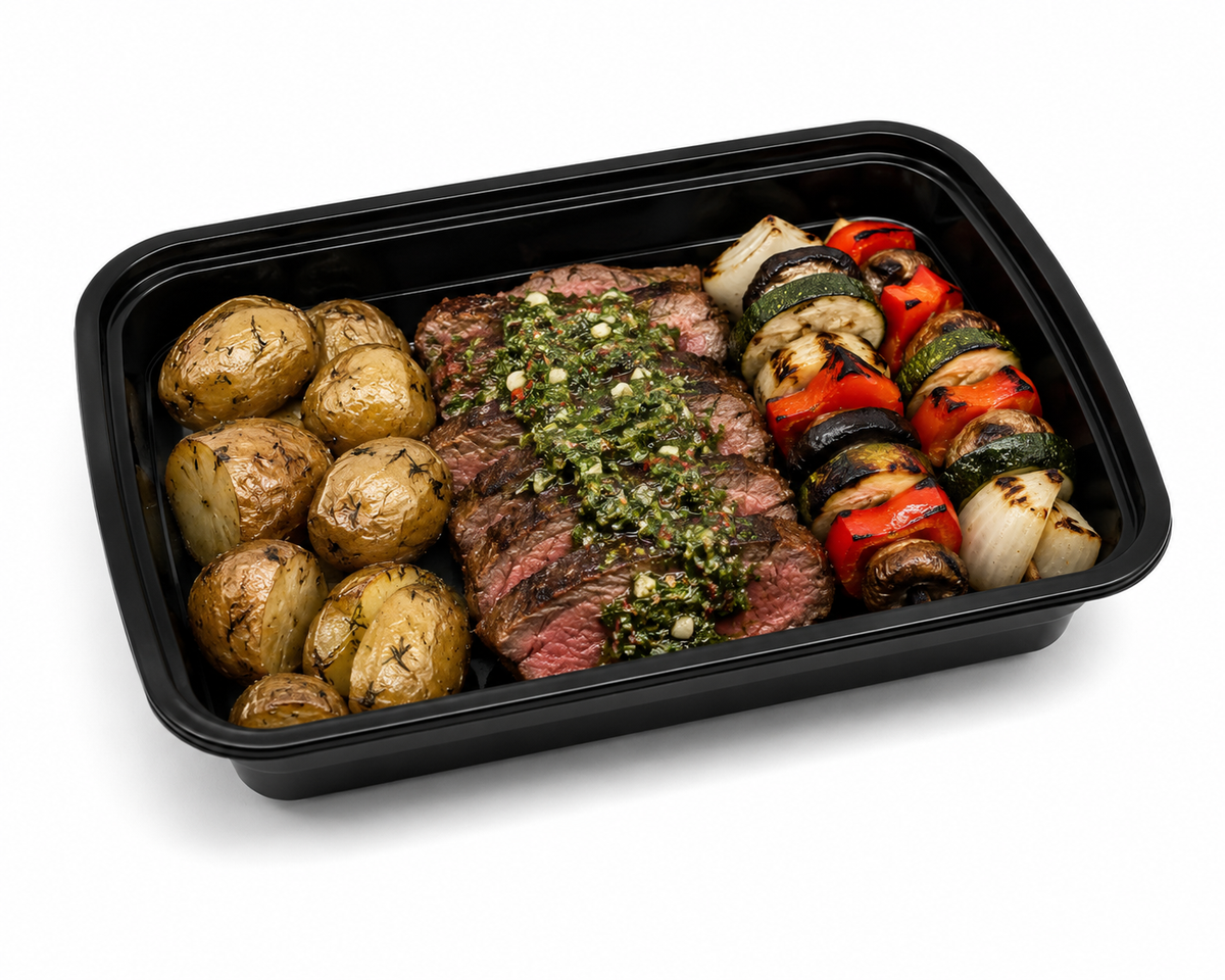 Chimichurri Beef with Onion Dill Potatoes + Grilled Veggie