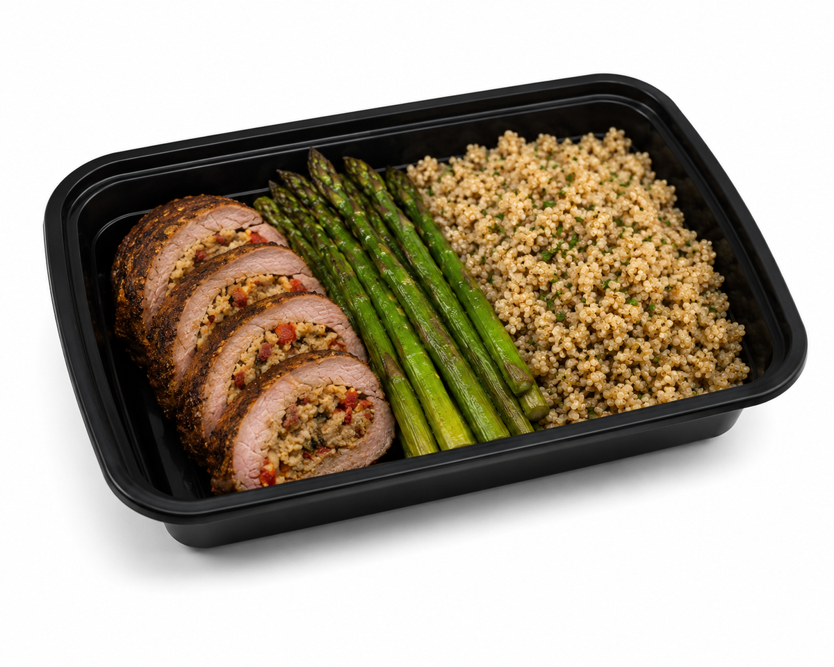 Stuffed Pork Tenderloin with Lemon Herb Quinoa + Asparagus