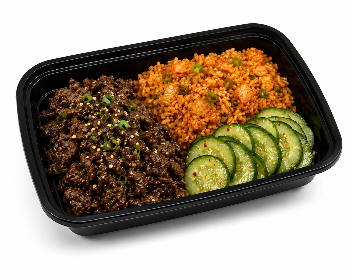 Korean BBQ Beef with Asian Cucumber Salad + Kimchi Fried Rice