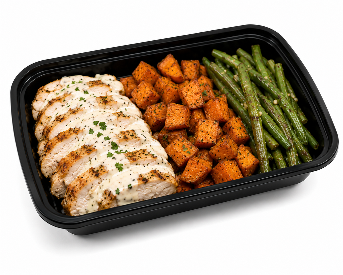 Alabama Smoked Chicken with Sweet Potato + Green Beans