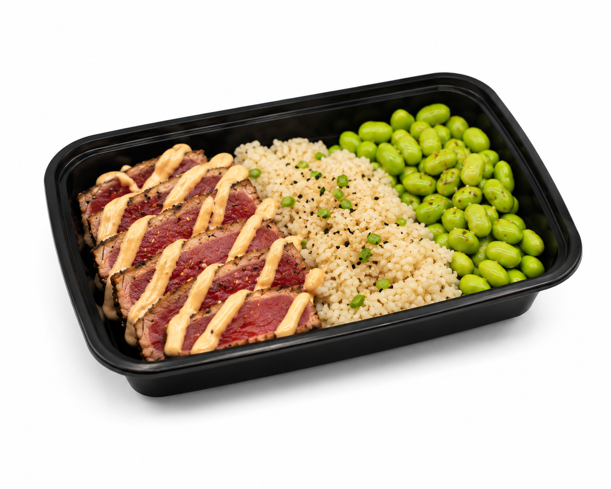 Seared Tuna with Sticky Rice, Edamame + Sriracha Cream